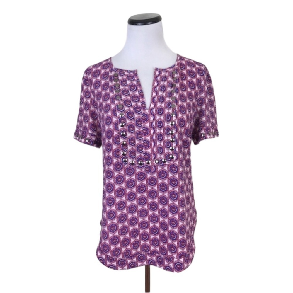 41 Hawthorn Studded V-Neck Short Sleeve Printed Blouse Top Size Small